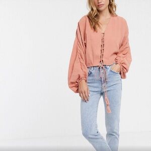 ASOS - Peach Lace-Up Blouse With Bell Sleeves